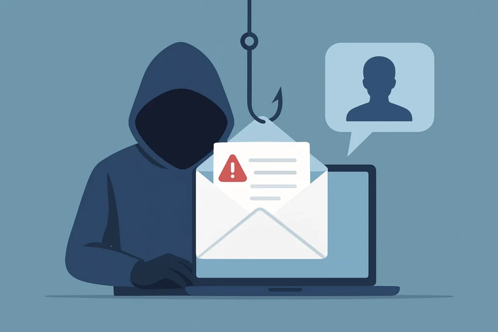 Hacker in hoodie targets laptop with phishing email, illustrating cybersecurity risks and online threats.