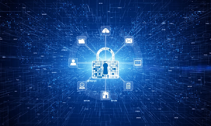 Digital security concept with a central lock and connected icons symbolizing data protection on a blue tech background.