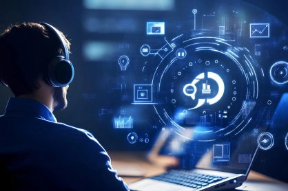 Person wearing a headset seated at a laptop, interacting with a futuristic holographic data dashboard with circular UI elements and icons.