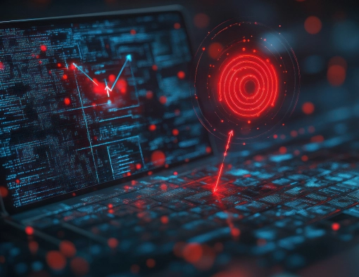 Cybersecurity concept: a glowing red target hologram over a laptop with blue code on screen, symbolizing threats.