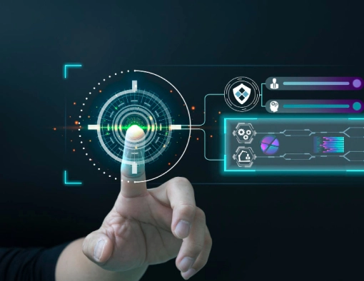 Person taps a glowing circular holographic interface with digital data panels on a dark background.