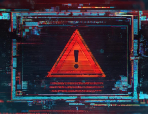 Red warning triangle with an exclamation mark inside a digital glitch frame, signaling a caution or alert on a screen.