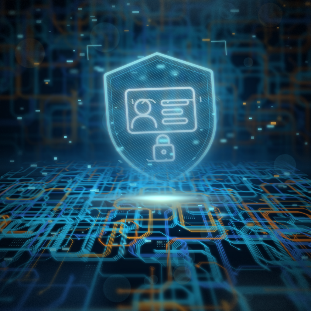 Glowing shield with a user ID card and a padlock over a blue circuit background, symbolizing digital security and identity protection.